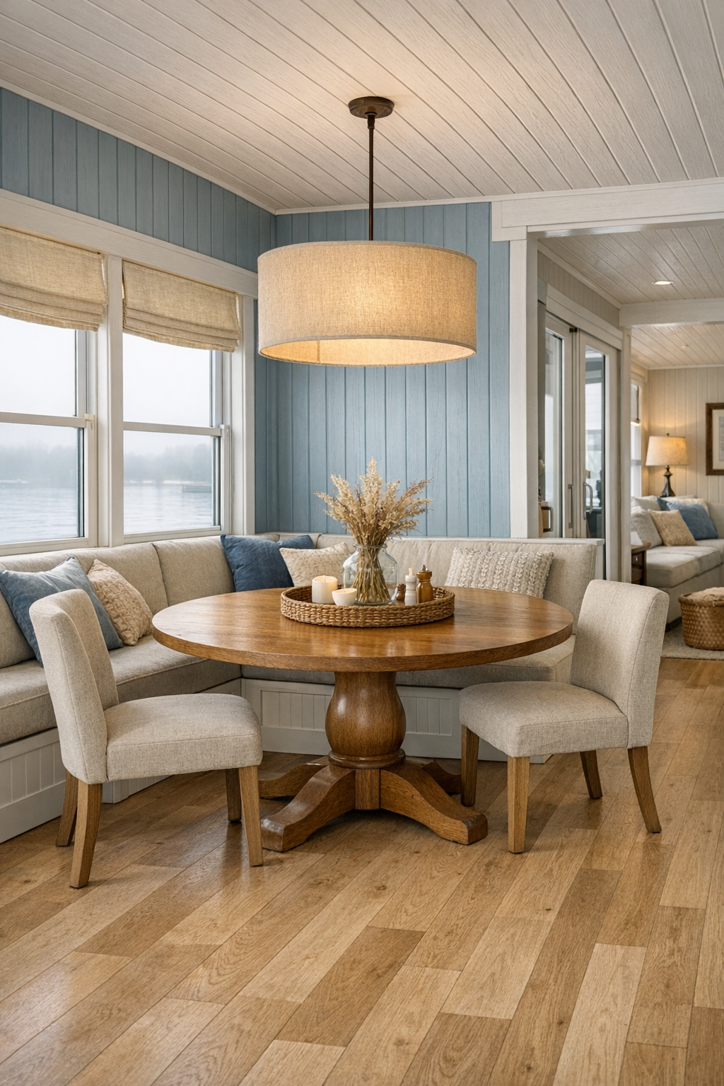 Open dining area with round oak table, upholstered chairs, built-in banquette, and soft blue paneling