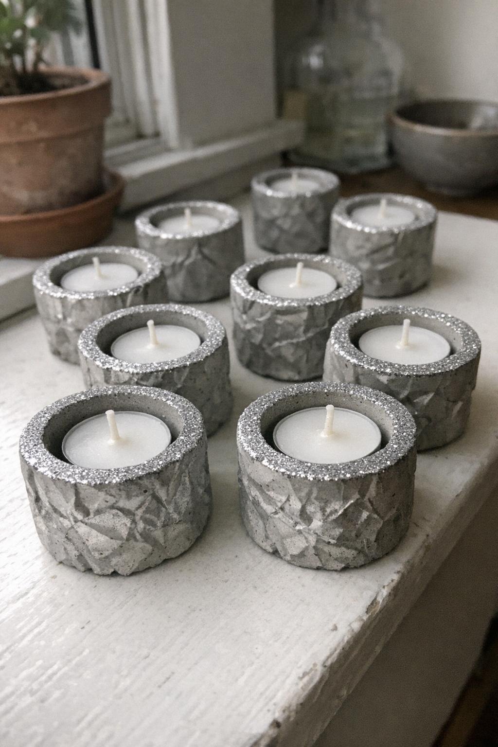 Concrete tea light holders with crinkled sides and glittered tops