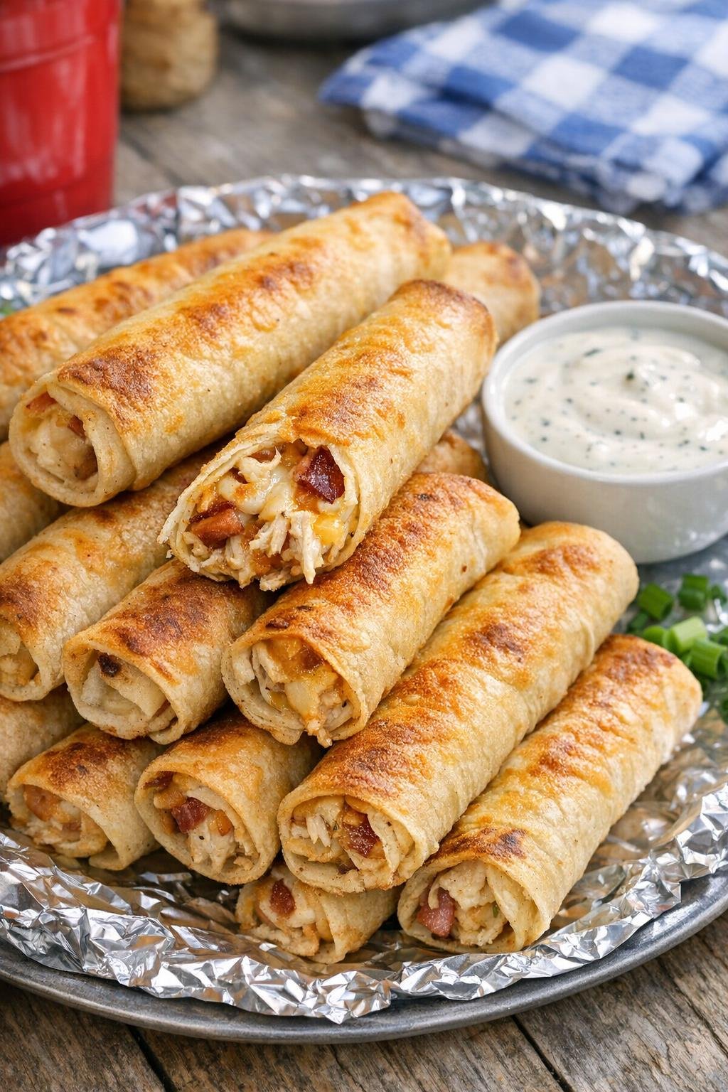 Kant-en-klare taquito's met kip, bacon en ranchdressing, geserveerd met dipsaus.