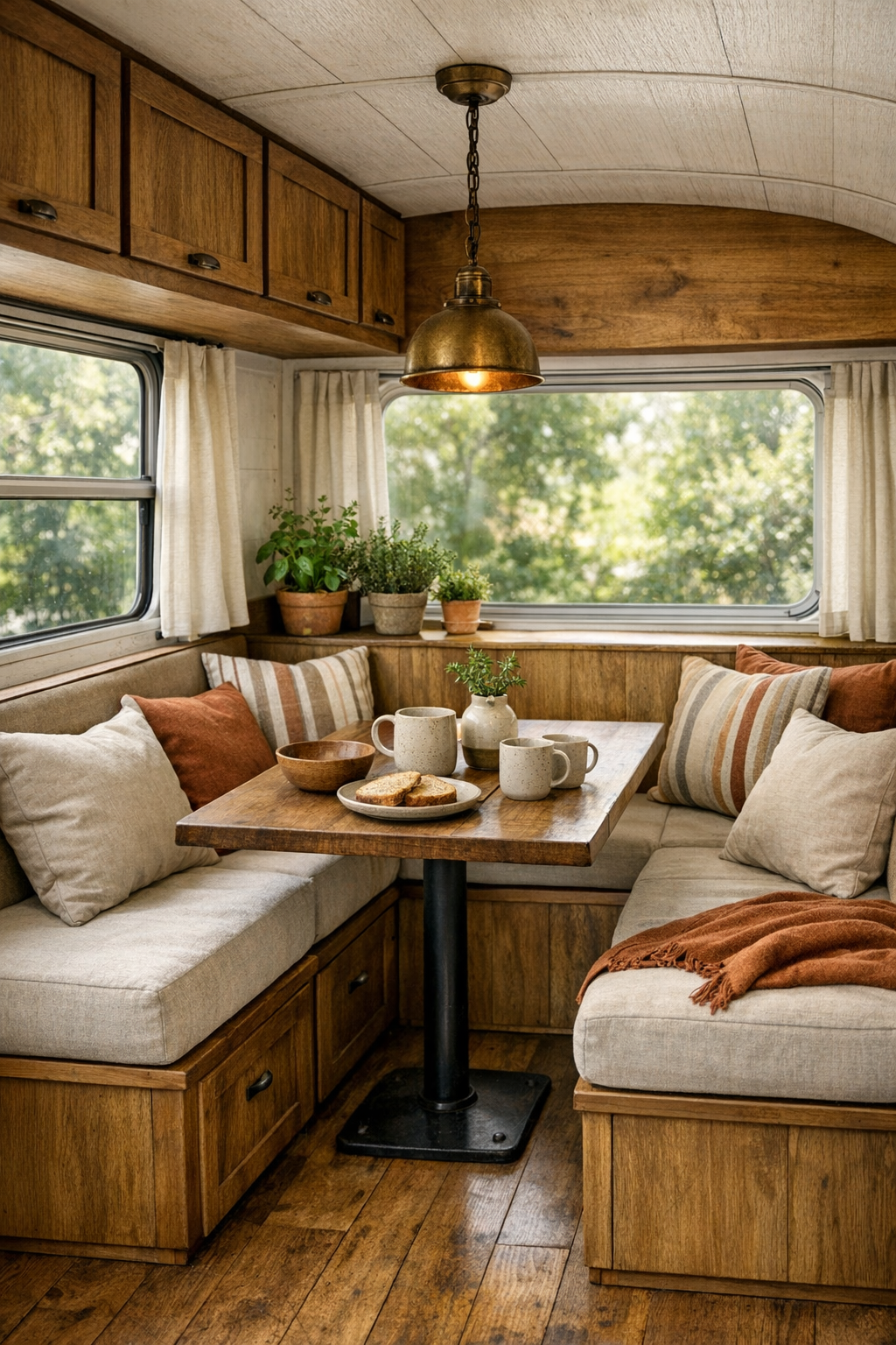 Bright bus dining nook with built-in banquette and pedestal table
