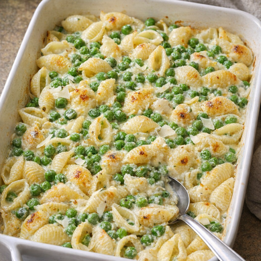 Baked pea shell pasta in a ceramic dish on a kitchen counter