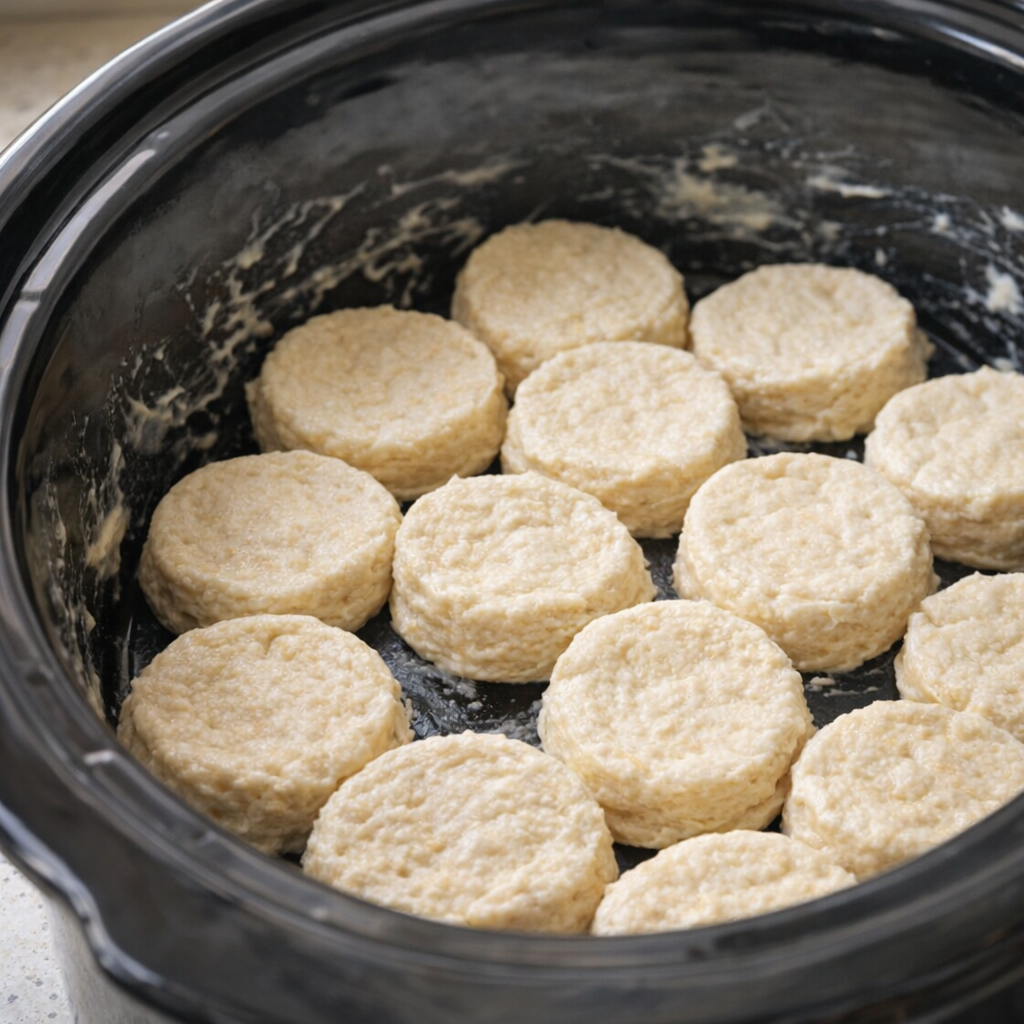 Cut biscuit dough layered in the slow cooker