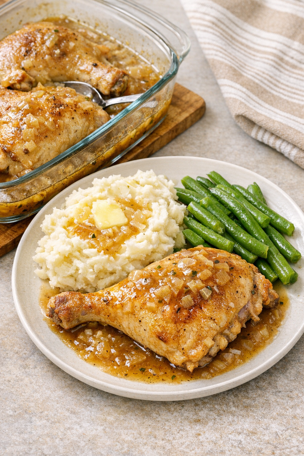Baked chicken leg quarters in a glass casserole dish