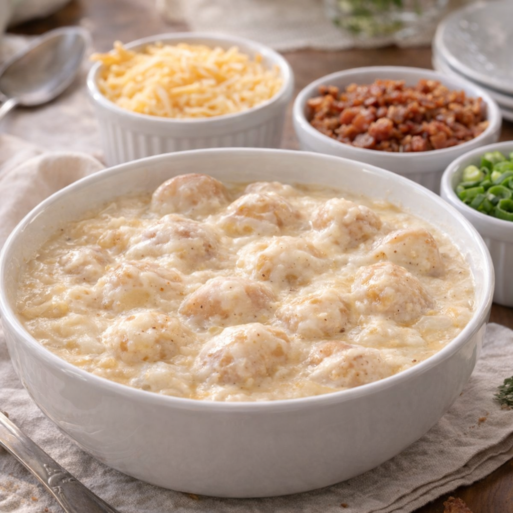 Creamed potatoes with optional toppings set out family-style
