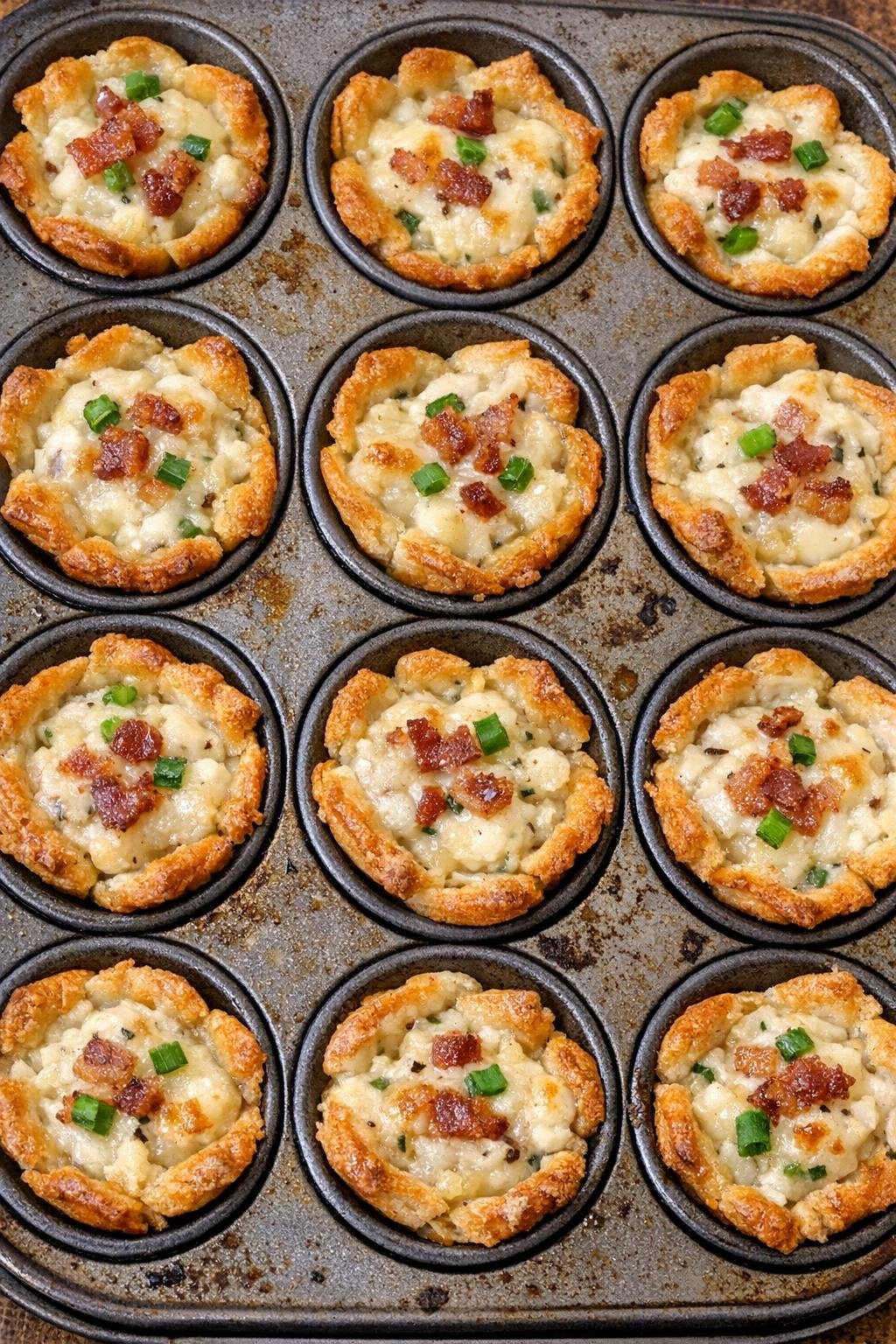 Crunchy golden appetizer cups with creamy filling in a muffin tin