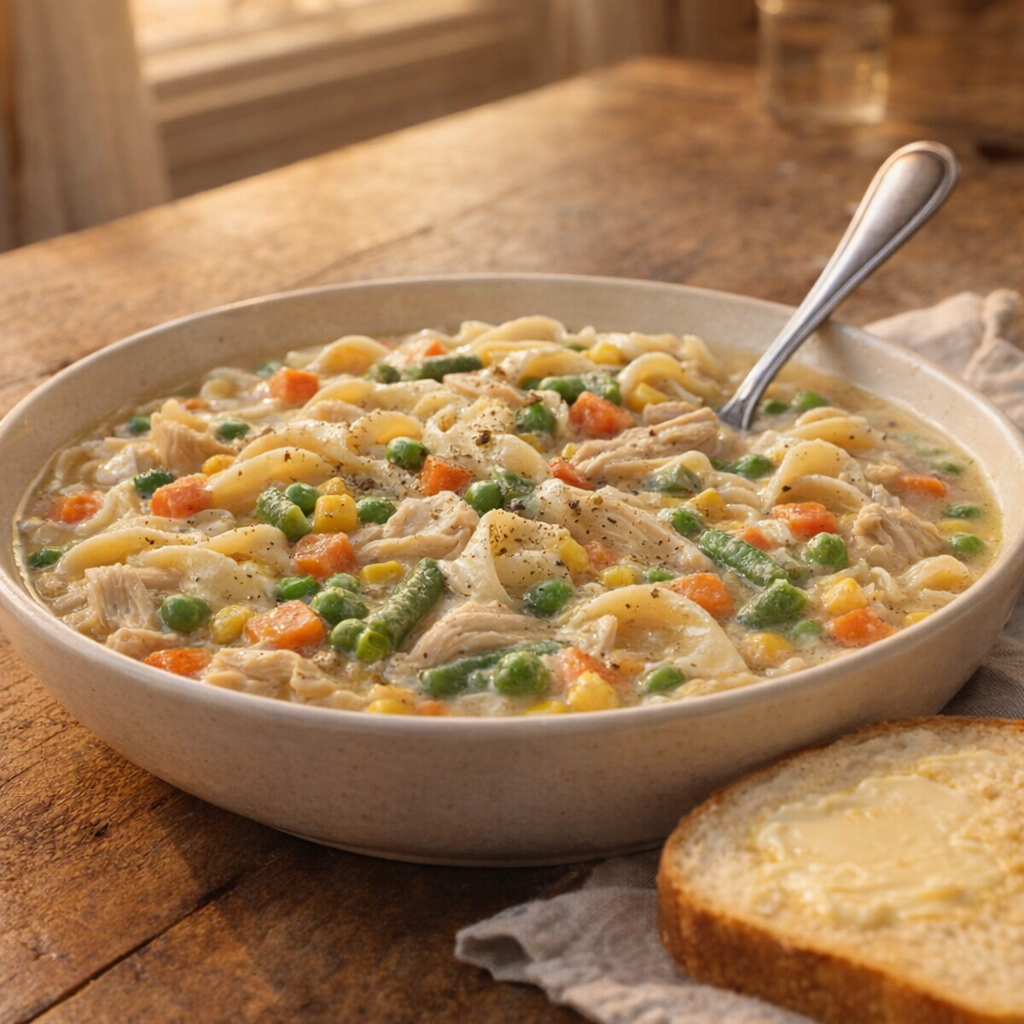 A bowl of creamy Amish-style chicken pot pie noodles ready to serve