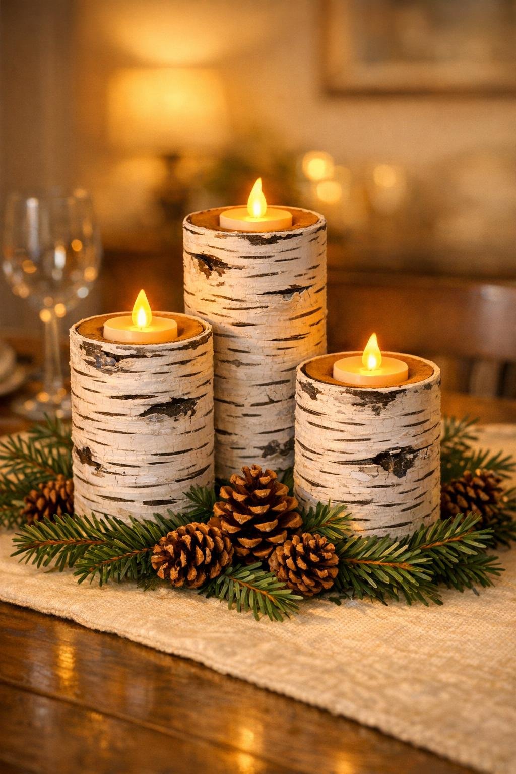 Finished faux birch log candle holders styled on a table