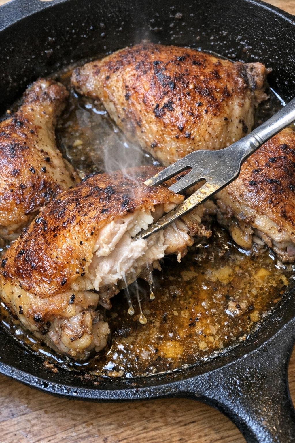Golden crispy-skinned chicken quarters in a cast iron skillet