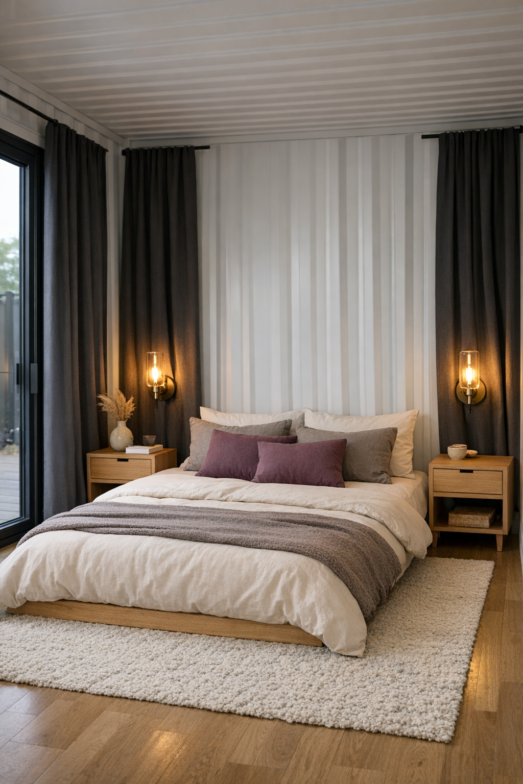 Calm bedroom with neutral linens, pale wood, and muted plum accents