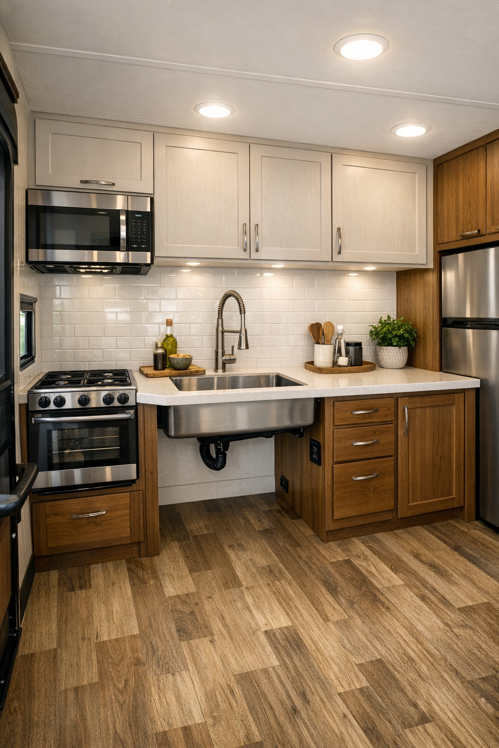 Modern accessible RV camper kitchen with pale counters and warm wood cabinetry