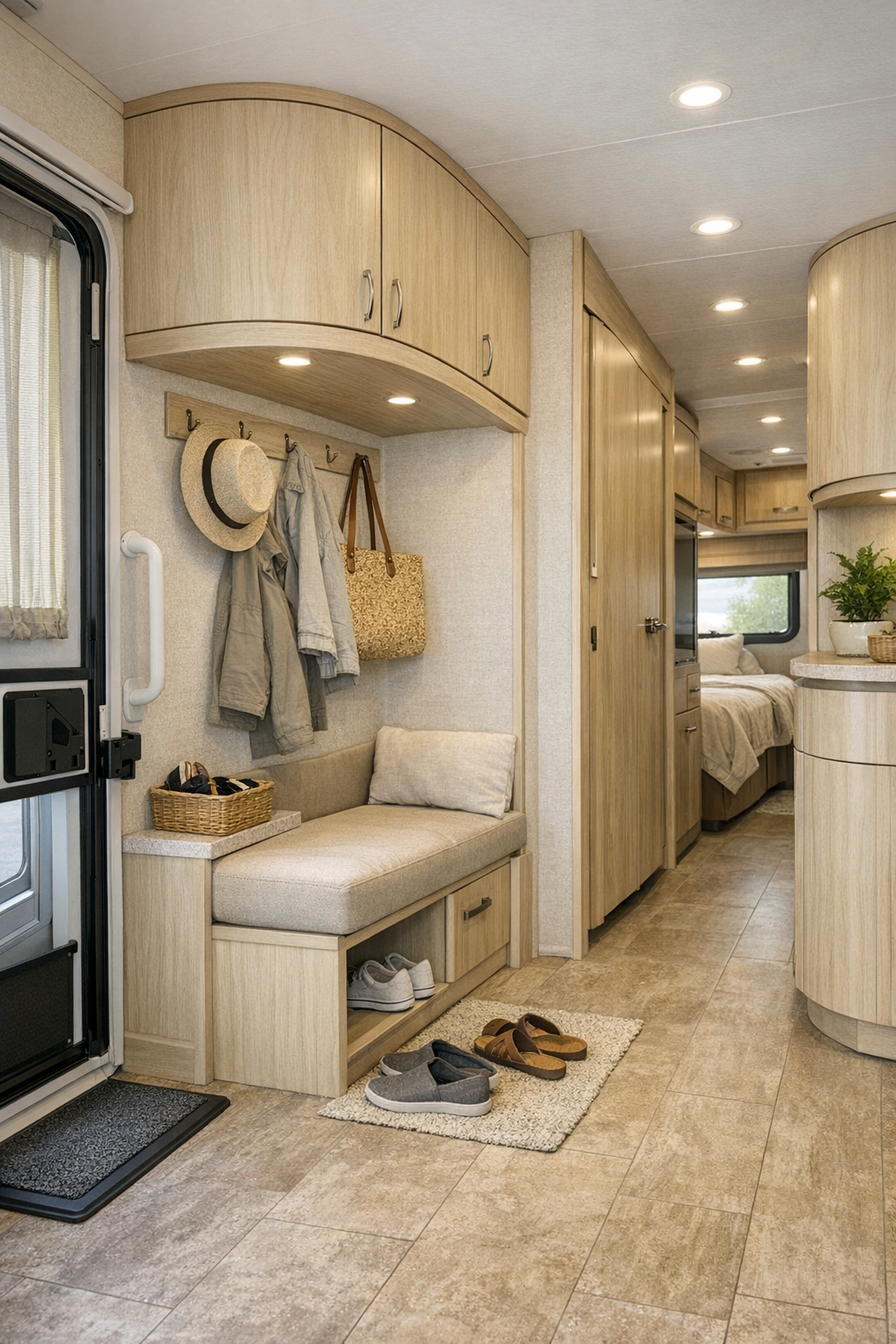 RV entry and hallway area with curved cabinetry, light flooring, and built-in storage