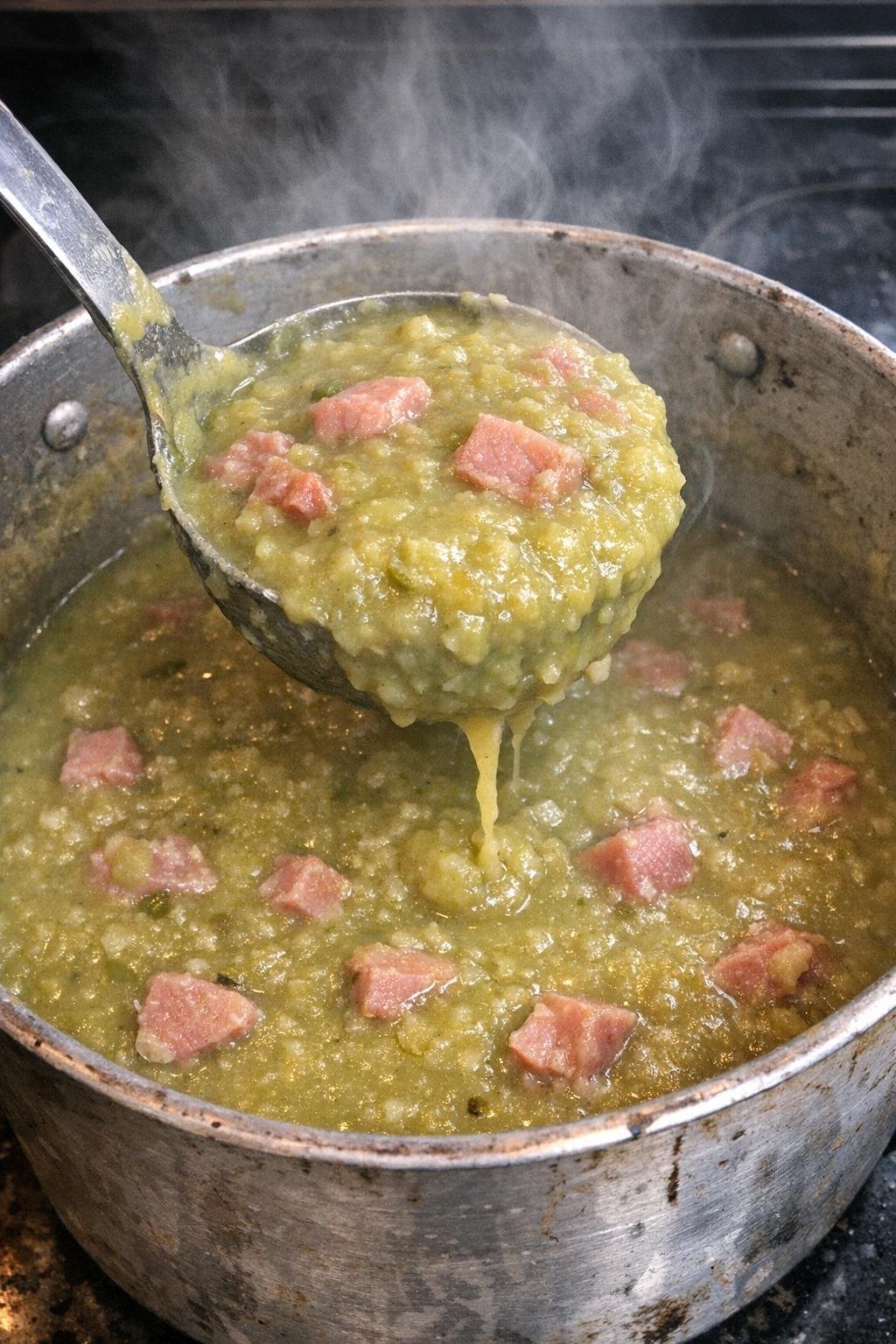 Thick green soup in a dented pot with a ladle lifting a scoop