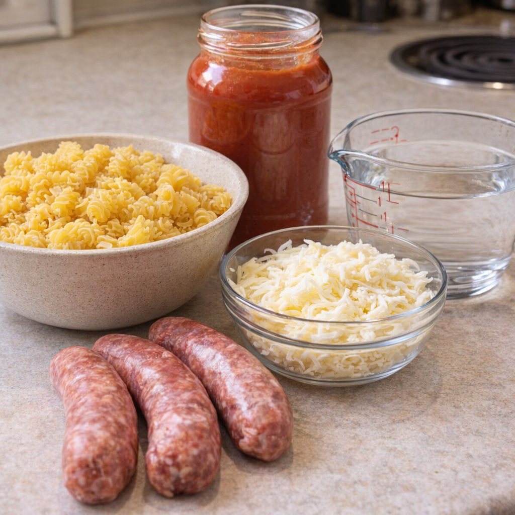 Five simple ingredients arranged for the pasta bake