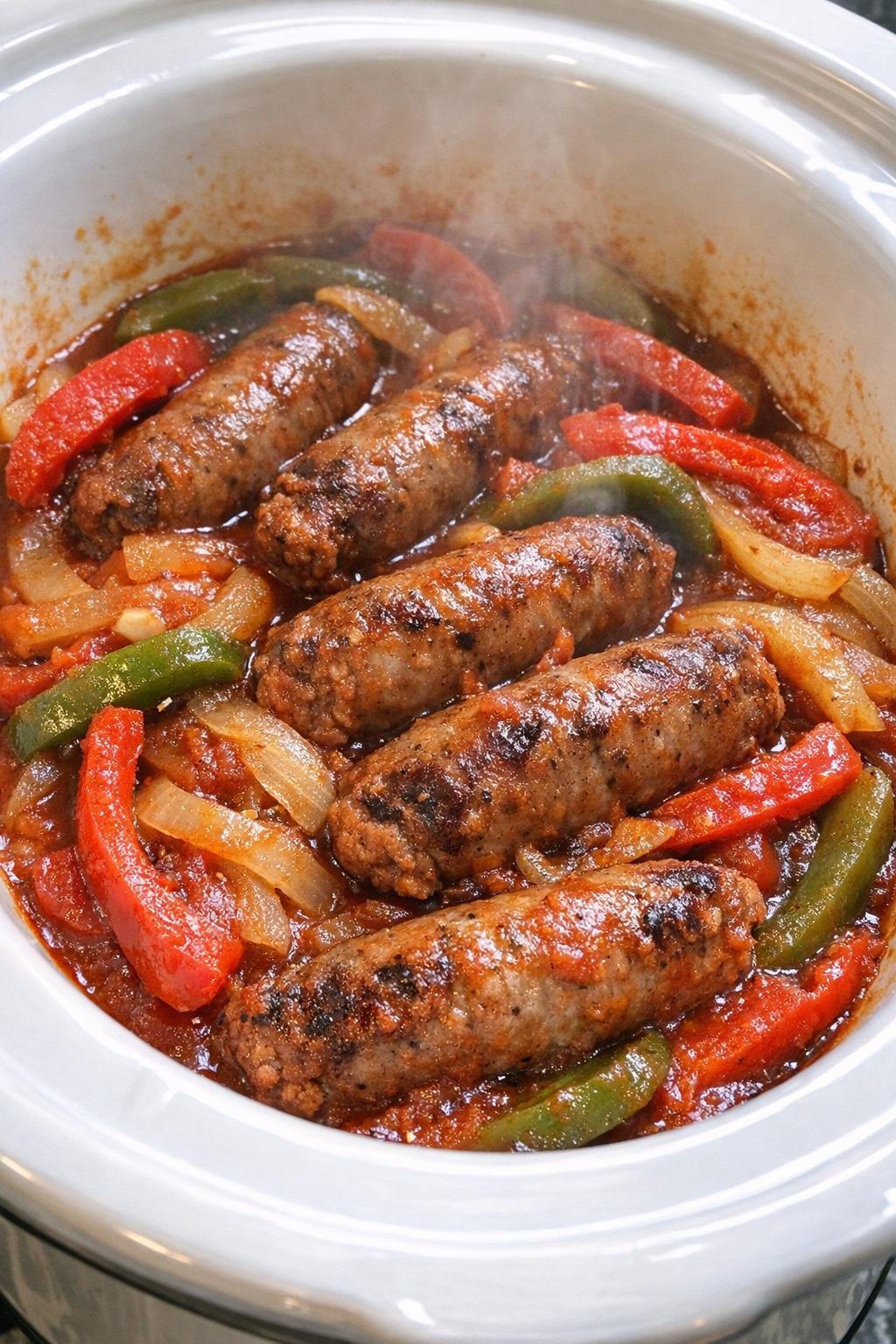 Italian sausage and peppers in a white slow cooker crock