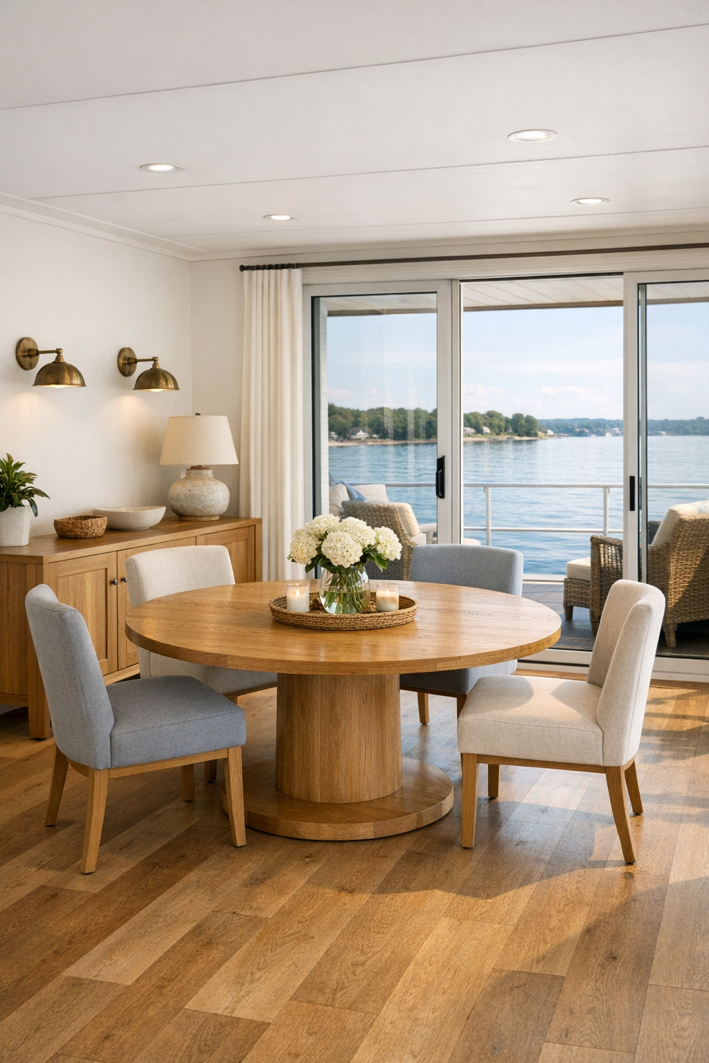 Accessible coastal dining room with an oak table and soft natural finishes