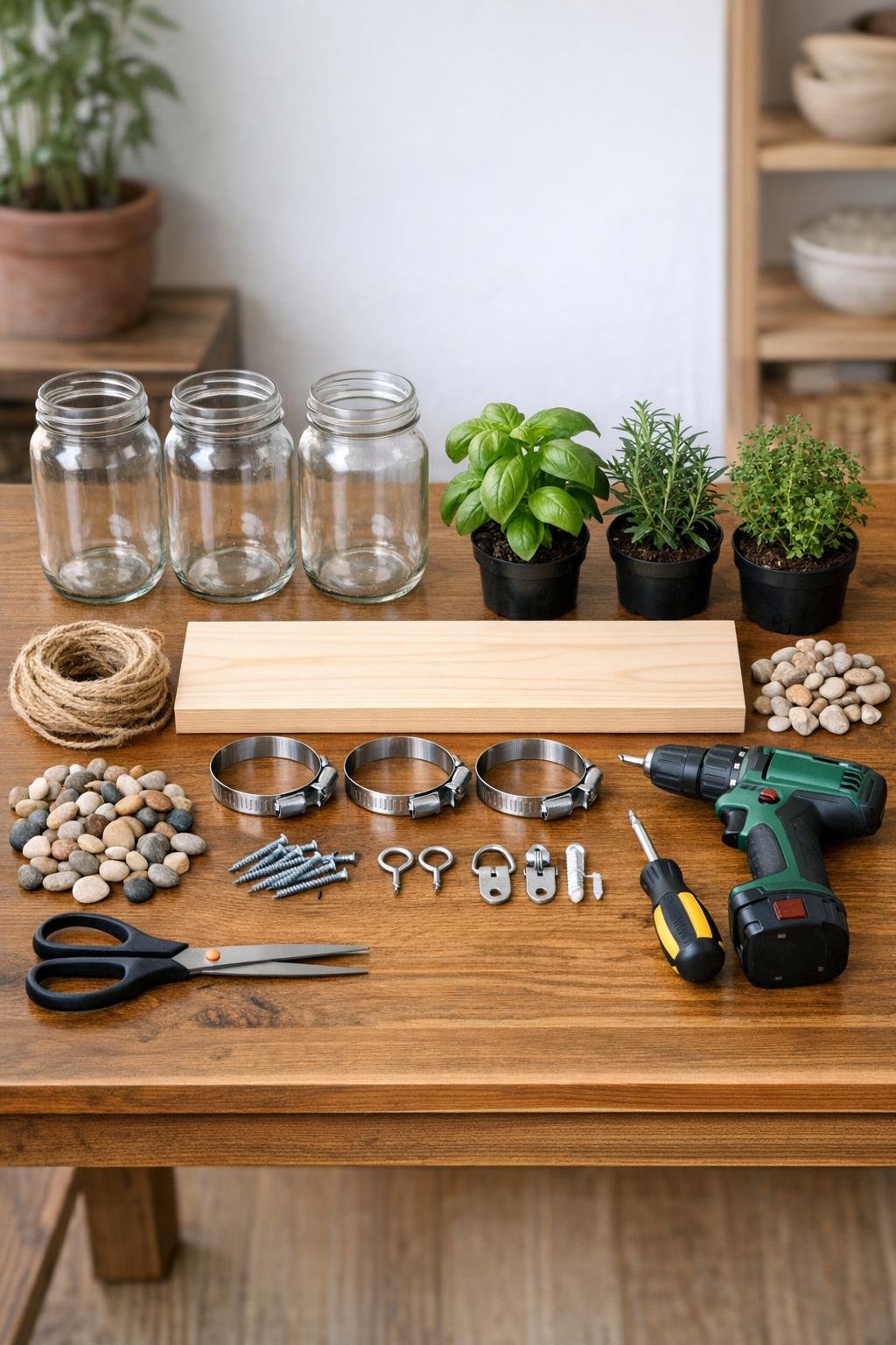 Materials for a three-jar hanging herb garden laid out on a work surface