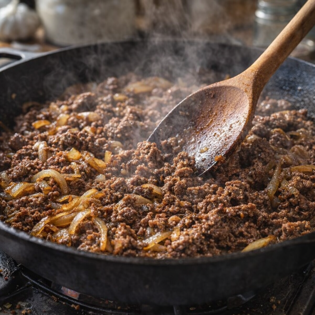 Ground beef and onions browning in skillet