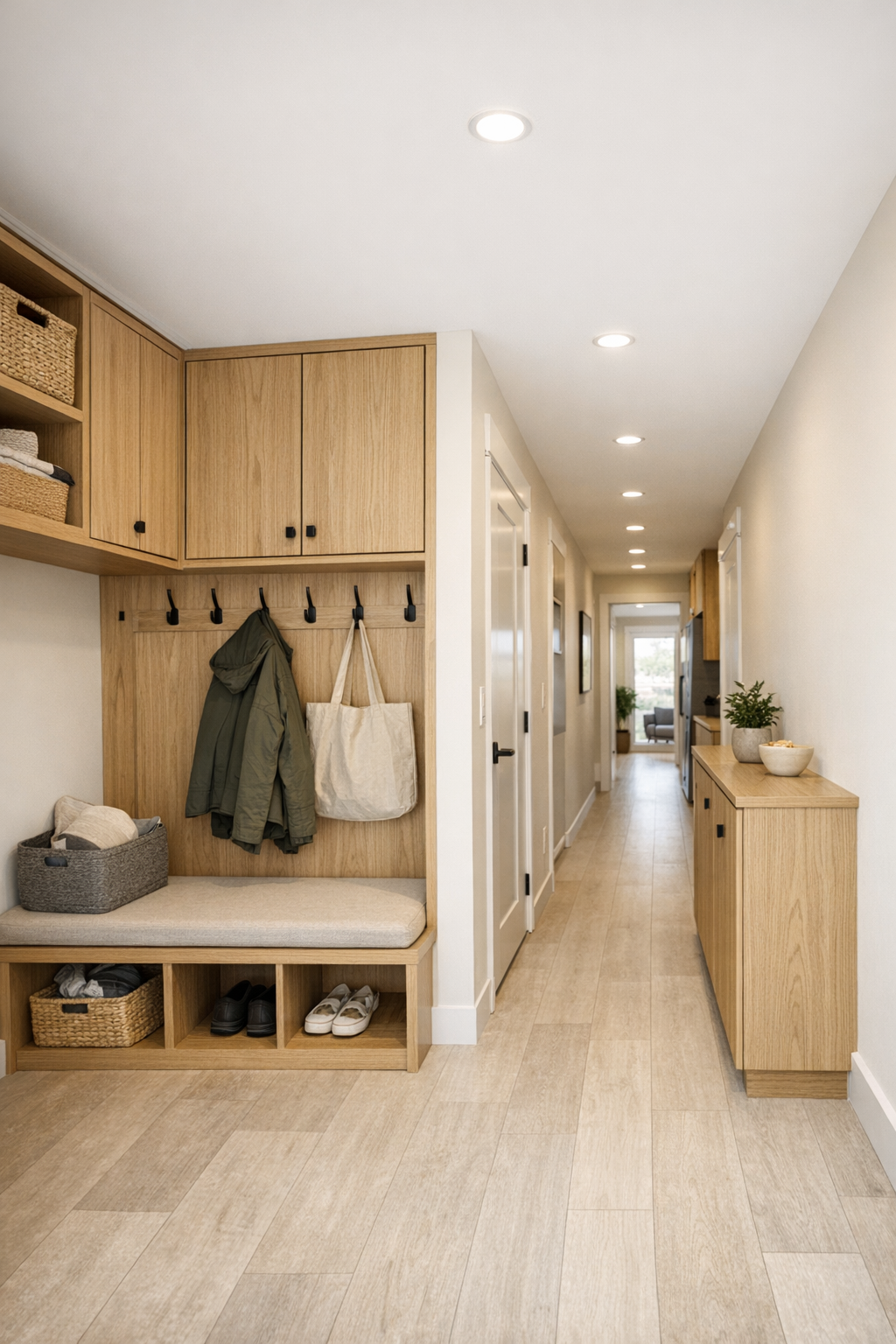 Wide hallway and entry nook with built-in storage, bench, and pale wood finishes