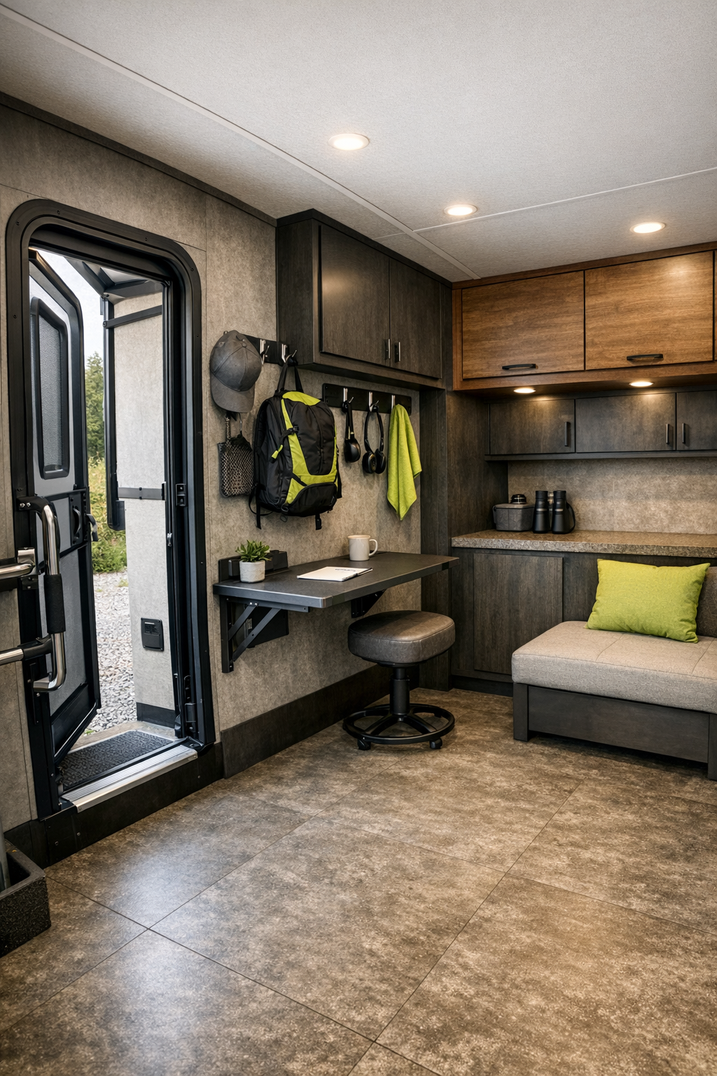 Accessible RV entry and flex area with built-in storage and workspace