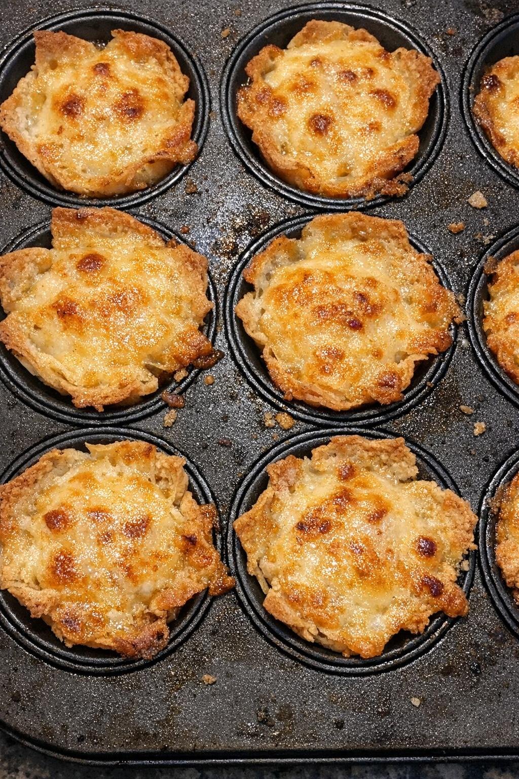 Crunchy golden cheese cups in a muffin tin