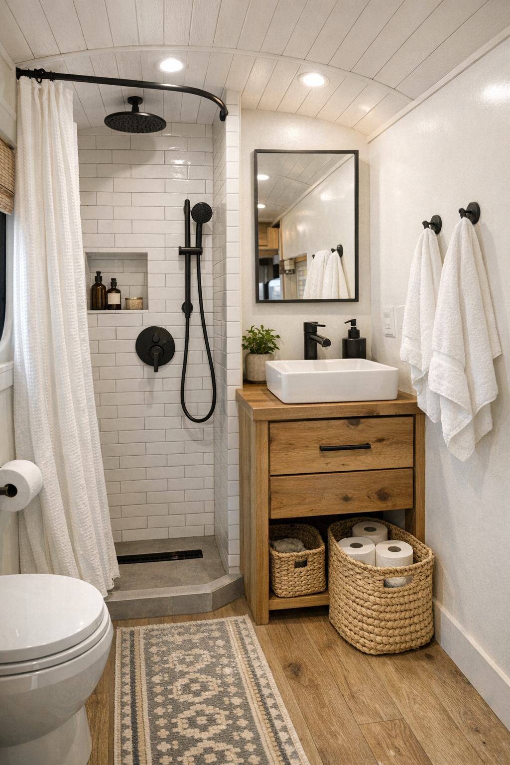 Compact bus bathroom with tiled shower and natural wood vanity