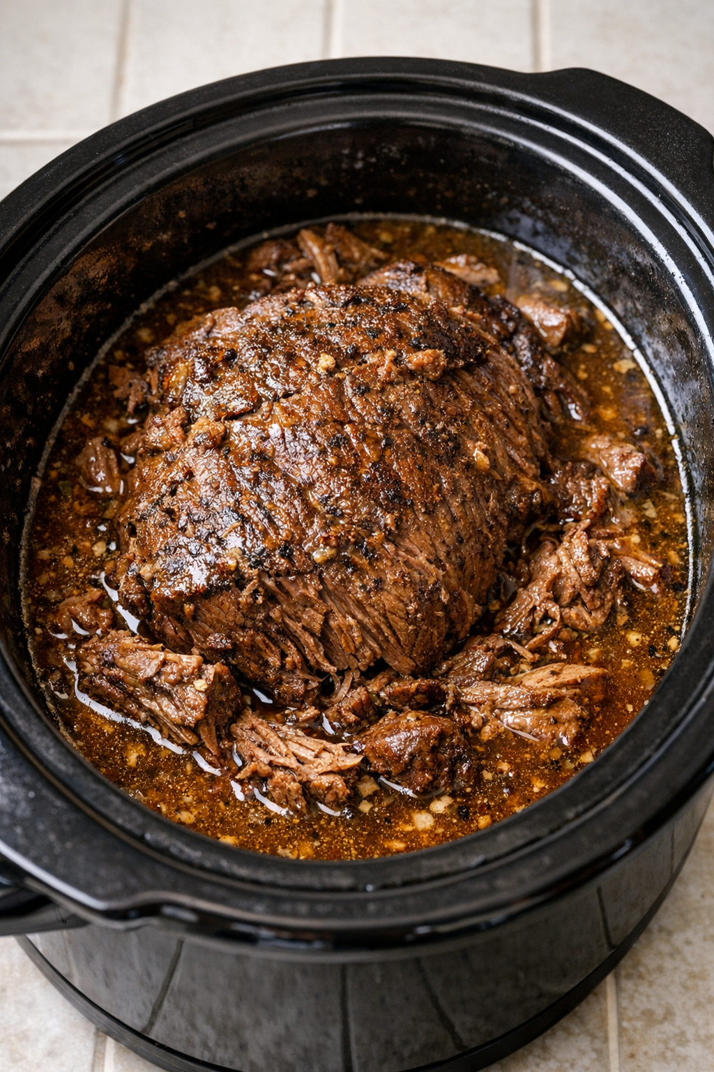 Cooked butter beef in the slow cooker, tender and ready to shred