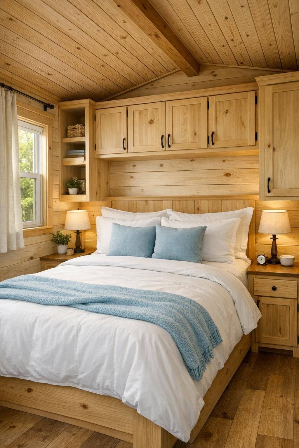 Serene small bedroom with layered white bedding, soft blue accents, and built-in storage