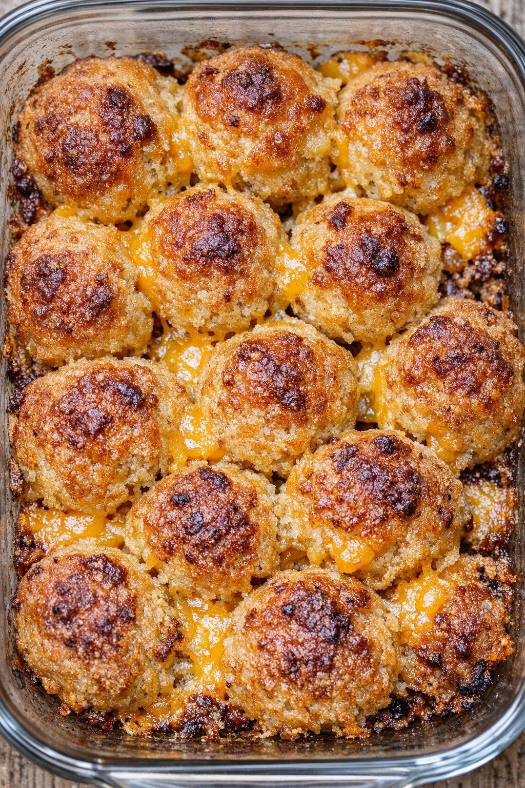 Southern 4-ingredient golden cheddar balls in a glass casserole dish
