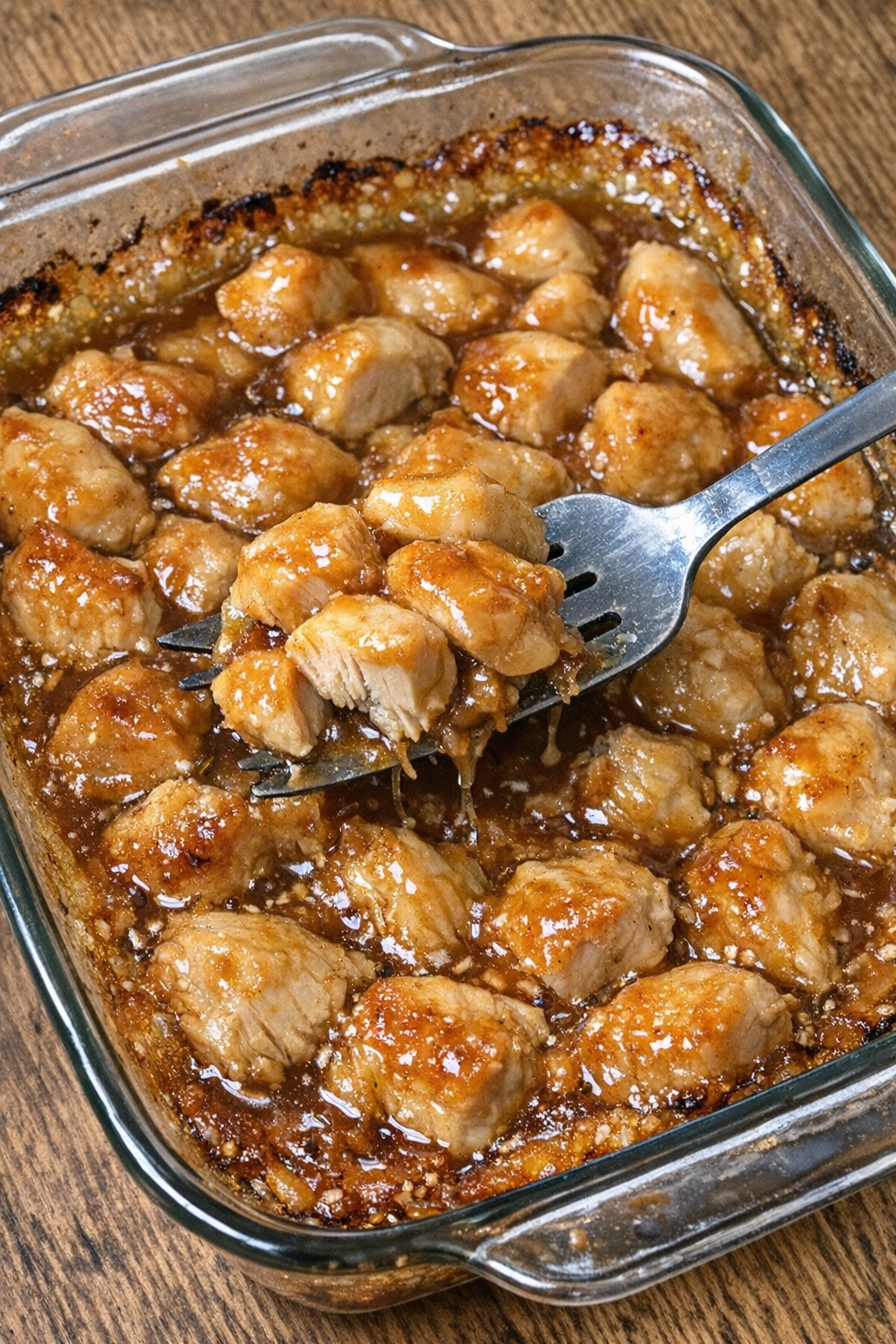 Tender chicken breast pieces in glossy amber sauce in a clear glass casserole dish