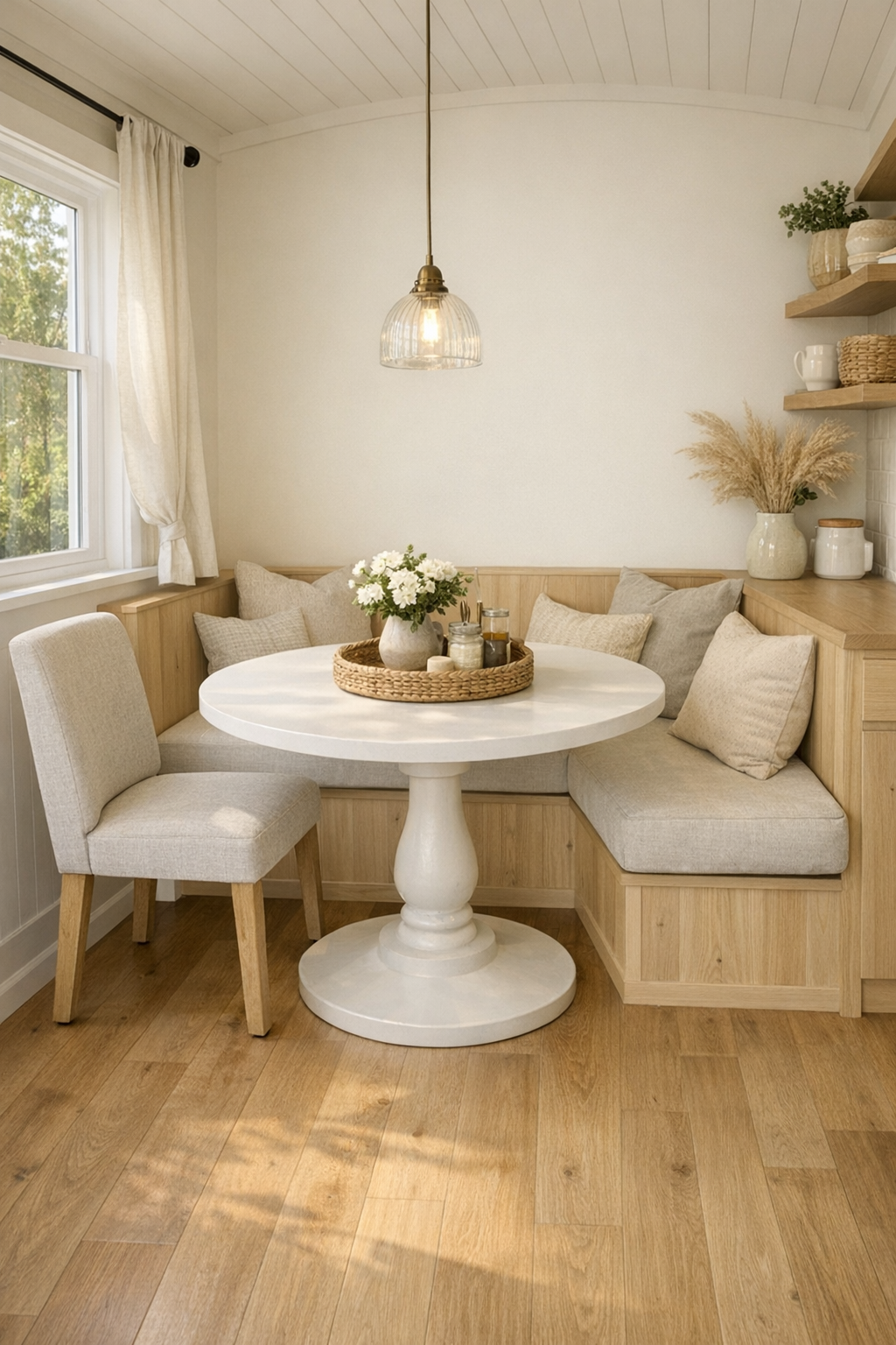 Compact dining area with a round pedestal table, light wood finishes, and a soft pendant light