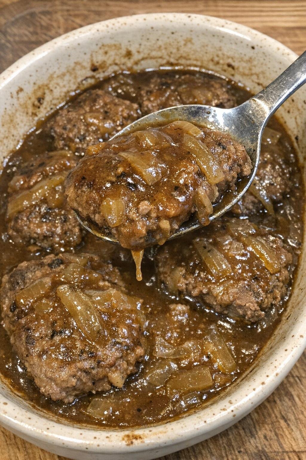 Tender cube steaks in brown onion gravy