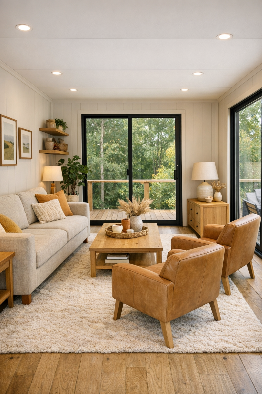 Bright senior-friendly living room with oatmeal seating and warm wood accents