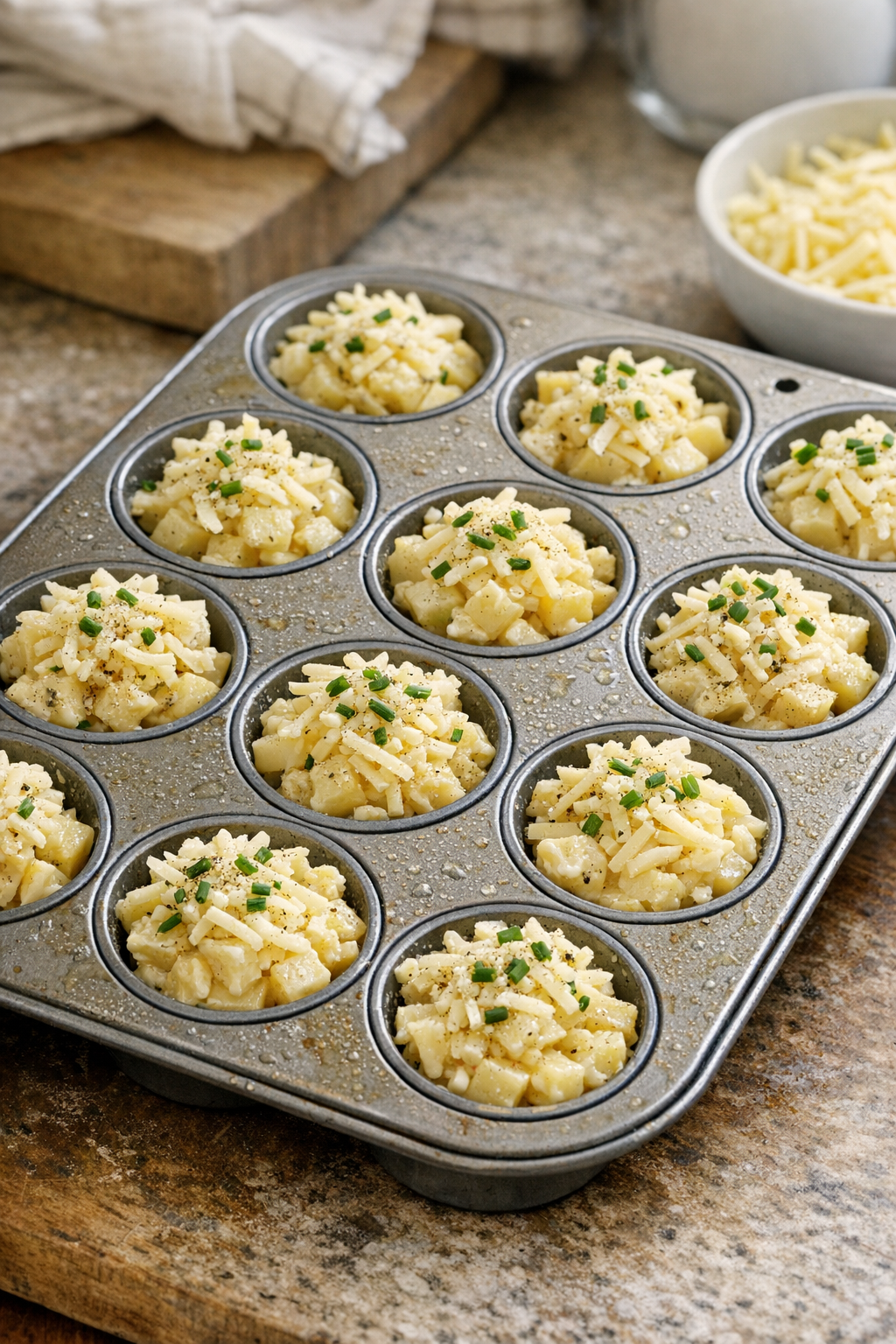 Greased muffin tin ready for potato gratin bites
