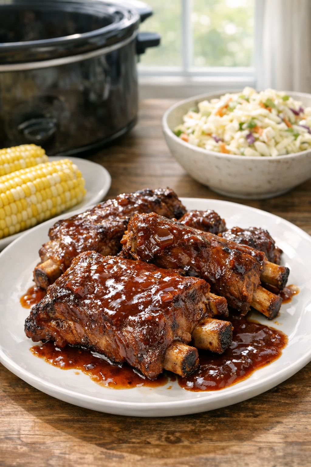 Finished plated pork short ribs with glossy barbecue sauce