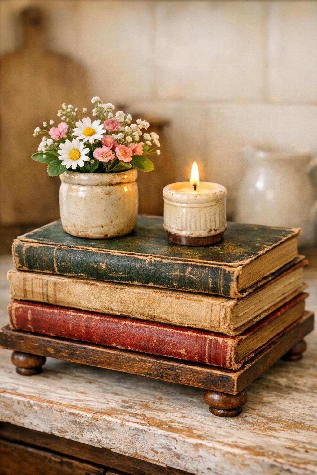 Finished vintage book stack riser styled on a tabletop