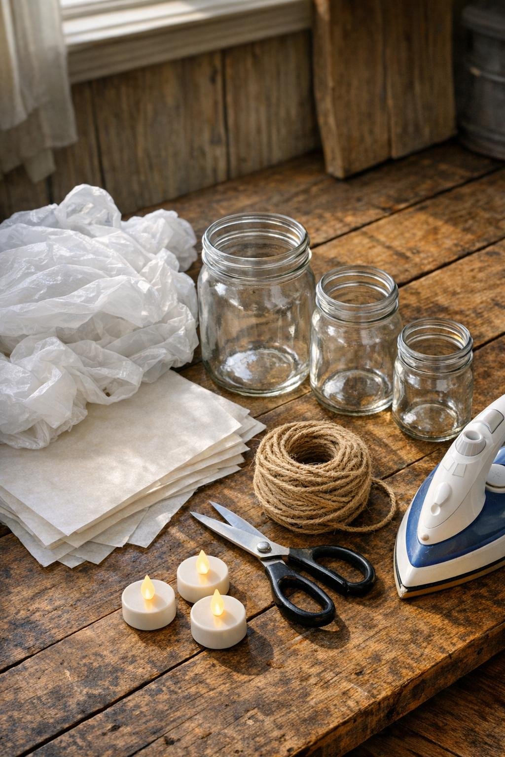 Materials for three textured fall lanterns laid out on a table