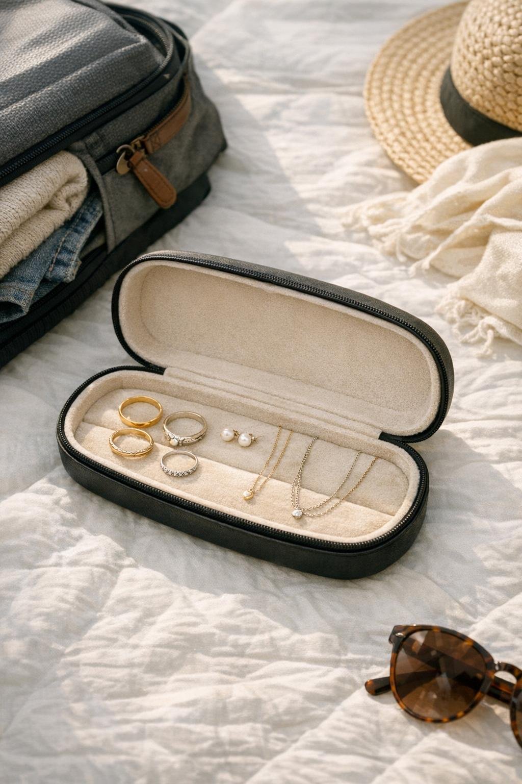 Eyeglass case used to store travel jewelry