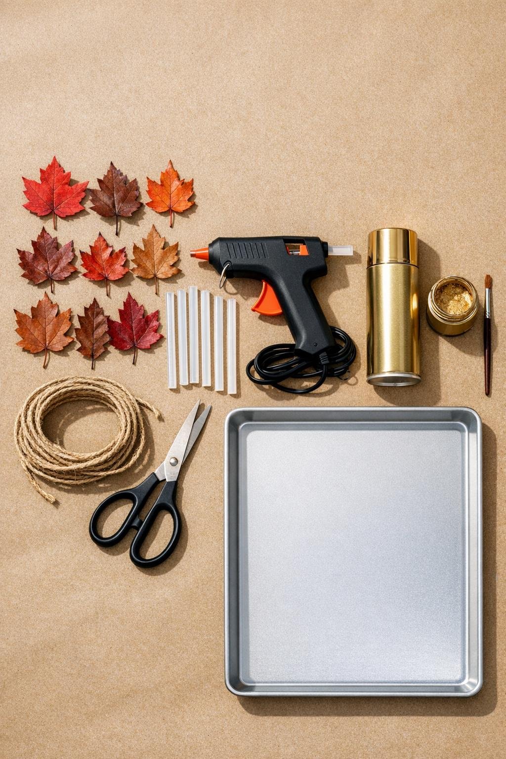 Materials for making a metallic leaf garland laid out on a craft table