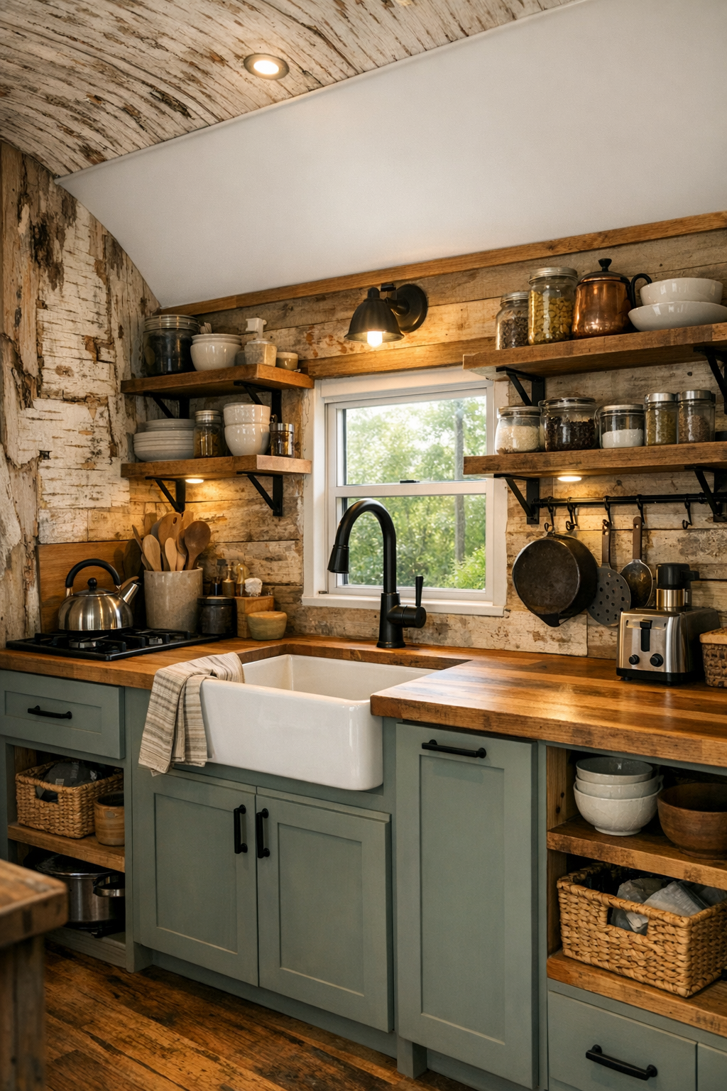 Off-grid bus kitchen with birch walls, open shelves, and butcher-block counters