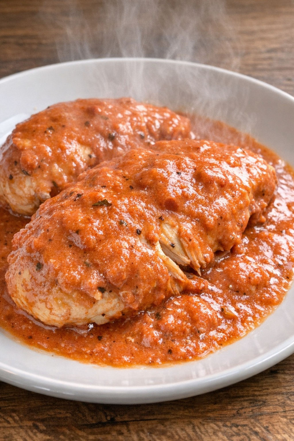 Slow cooker tomato soup chicken with creamy red gravy