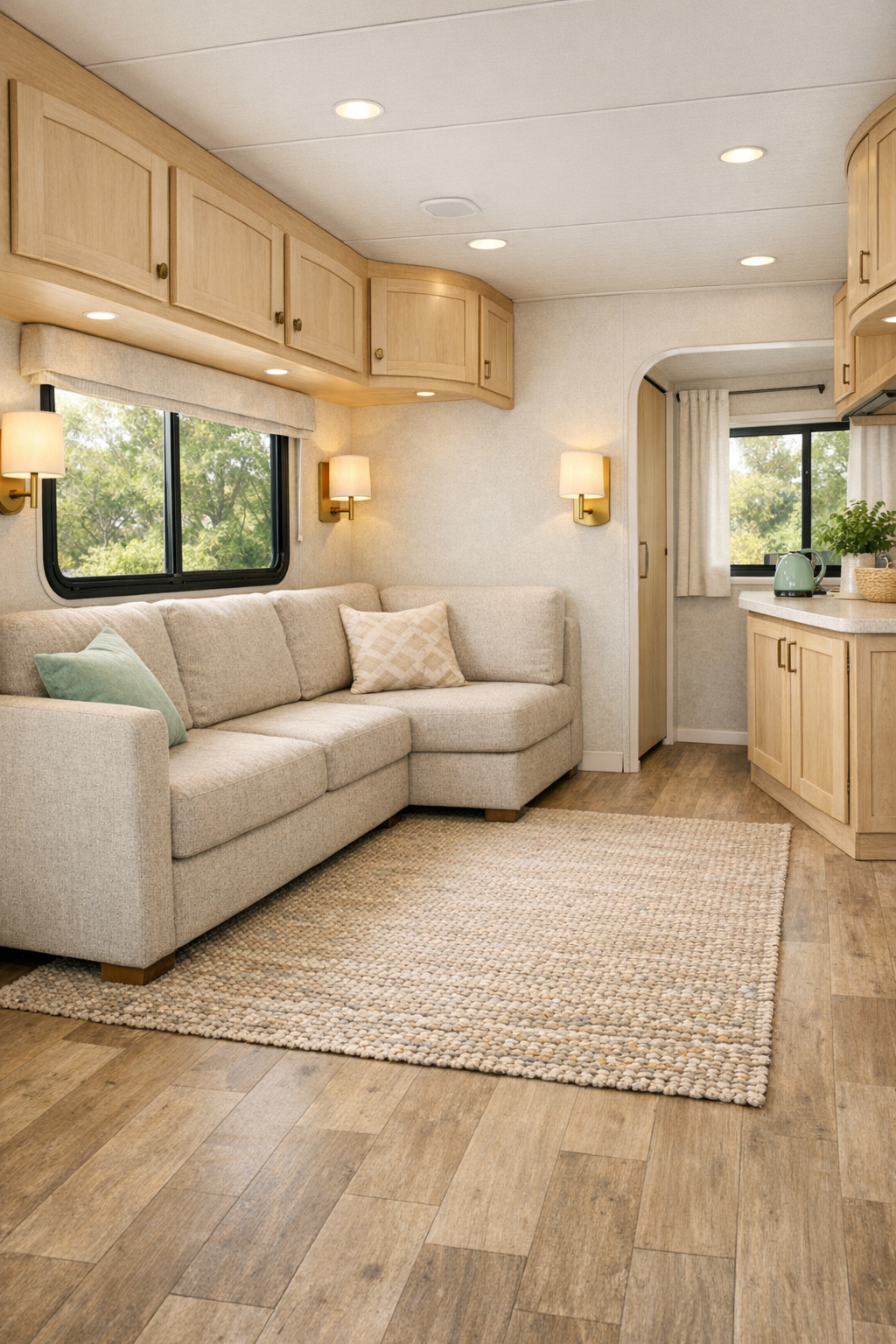 Accessible RV living room with oatmeal sofa, maple cabinetry, and mint accents