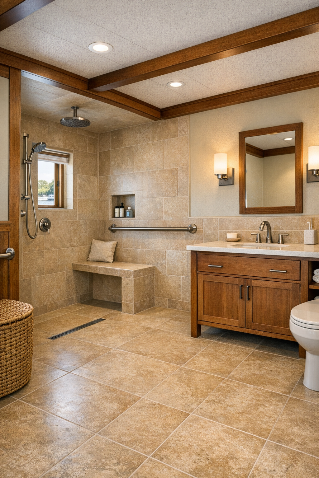 Accessible bathroom with curbless shower and warm wood vanity