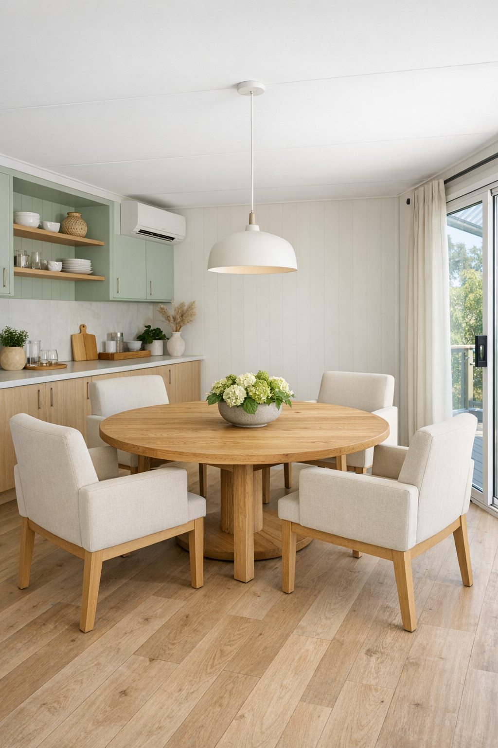 Bright dining room with oak table, upholstered chairs, and soft mint accents