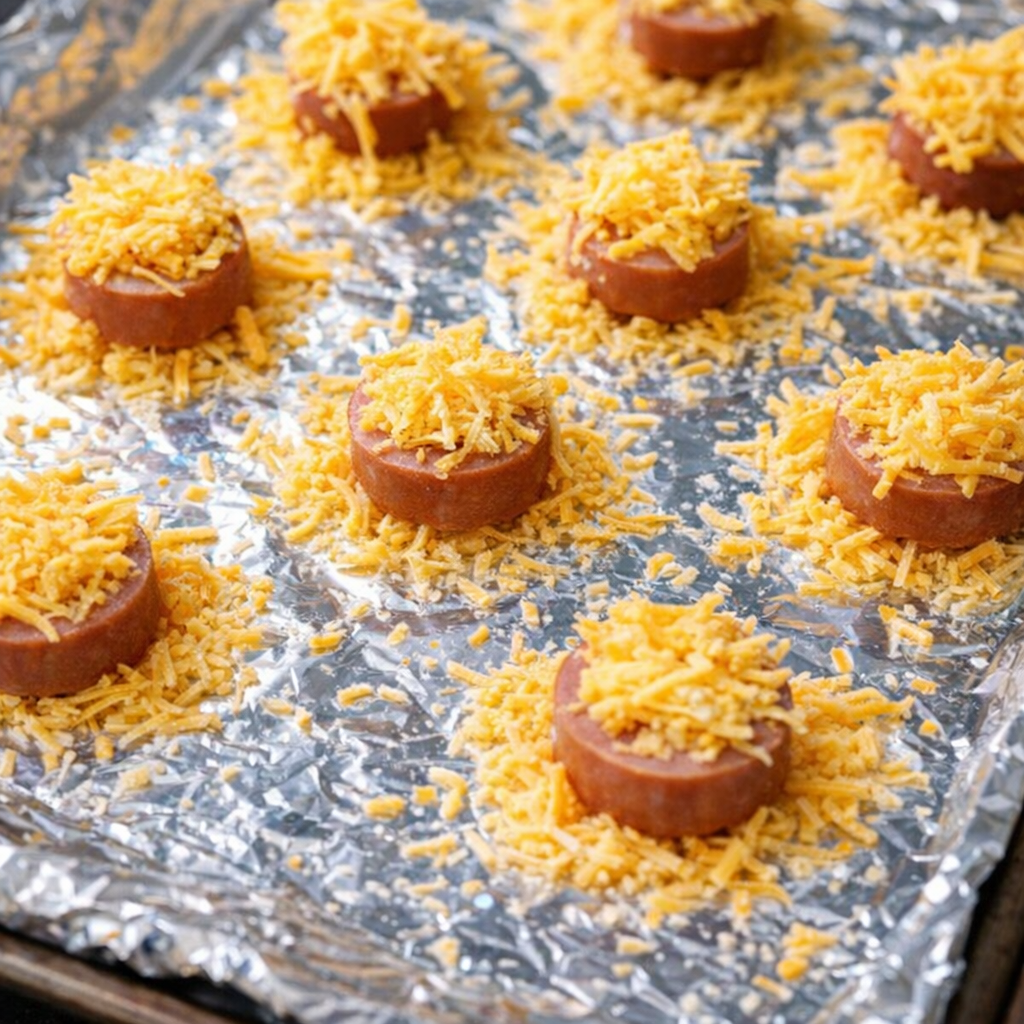 Unbaked hot dog rounds covered with shredded cheddar on a foil-lined pan