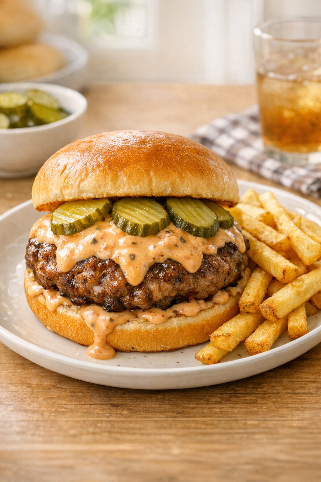 Plated secret sauce burger with fries and pickles