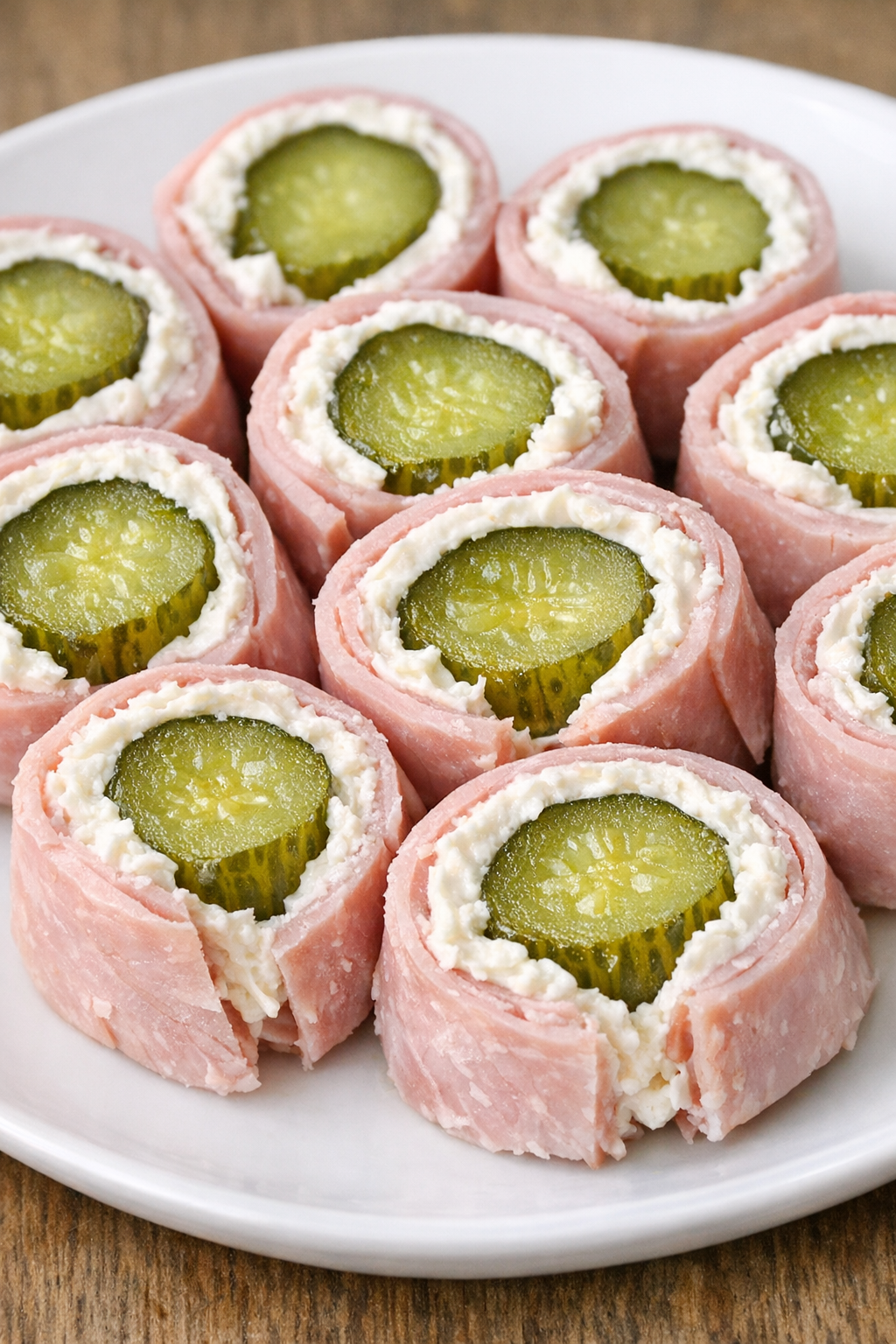 Low carb 3-ingredient ham pickle bites on a white plate