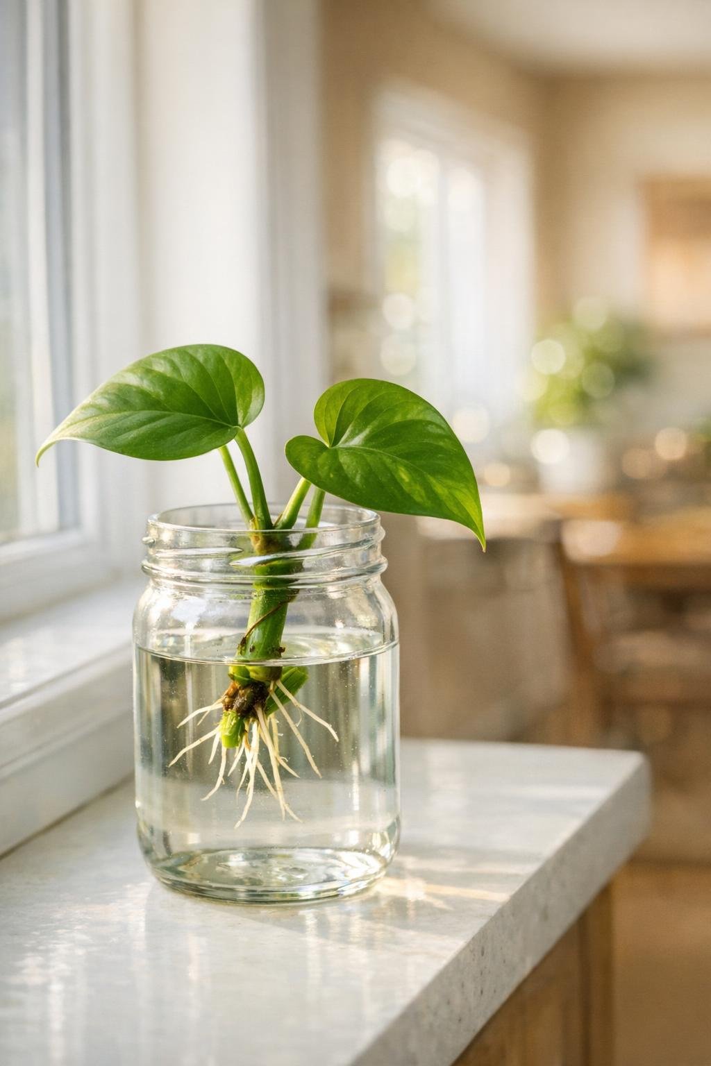 Pothos cutting in a glass jar