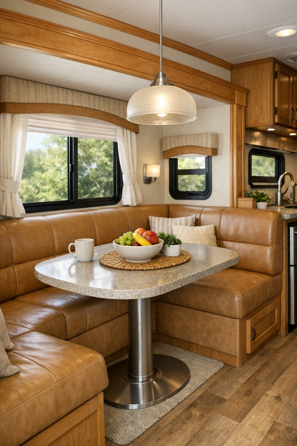 Warm RV dining nook with built-in banquette, round pedestal table, and soft pendant light