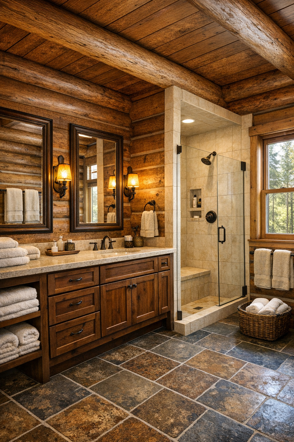 Rustic bathroom with wood vanity, stone top, and soft slate tile
