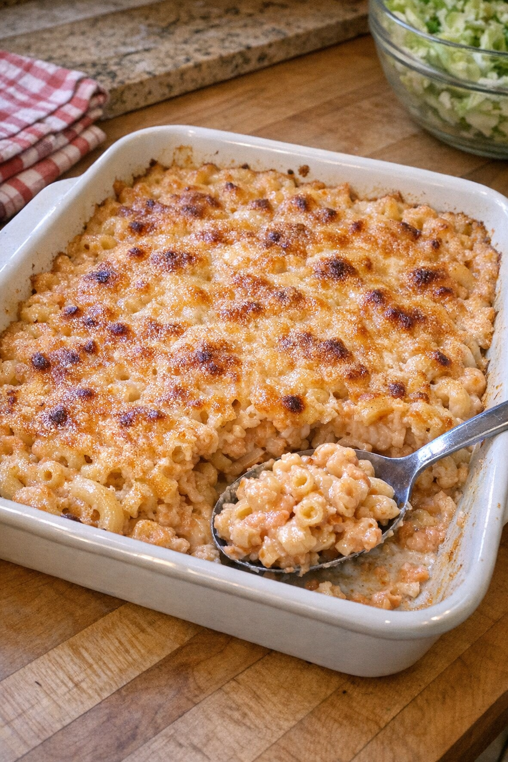 Finished baked thousand island macaroni in a casserole dish